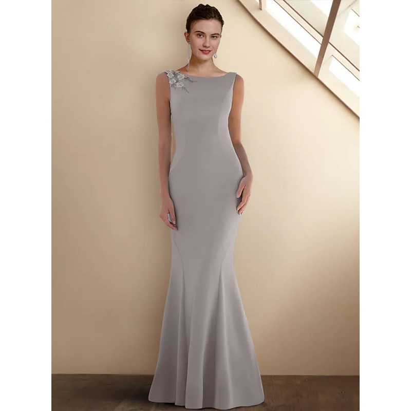 Mother of the Bride Dress Elegant Jewel Neck Stretch Chiffon Sleeveless Short Jacket Dresses with Appliques