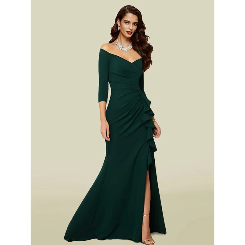Mother of the Bride Dress Elegant Sexy V Neck Off Shoulder Court Train Stretch Fabric Length Sleeve with Draping Split Front