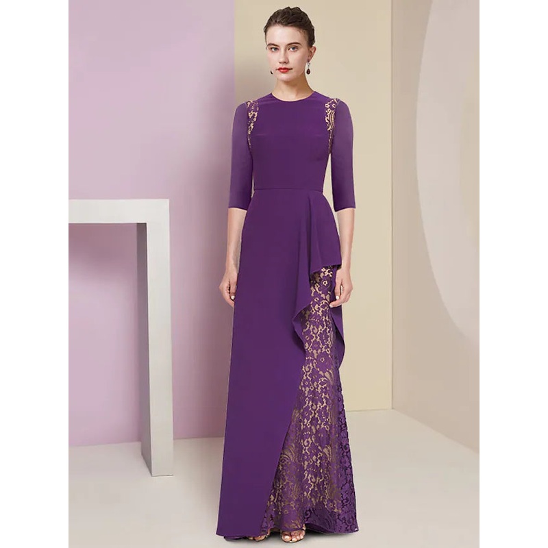 Mother of the Bride Dress Formal Elegant Scoop Neck Sweep  Brush  Lace Stretch Fabric Half Sleeve with Pleats