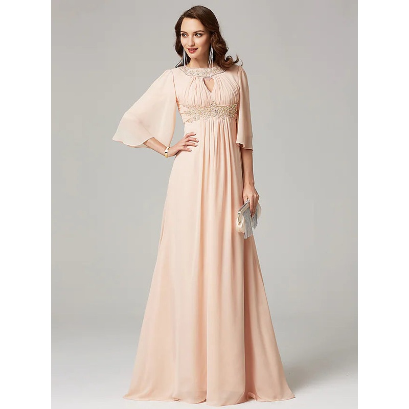 Mother of the Bride Dress Luxurious Elegant Jewel Neck  Chiffon Half Sleeve with Pleats Beading