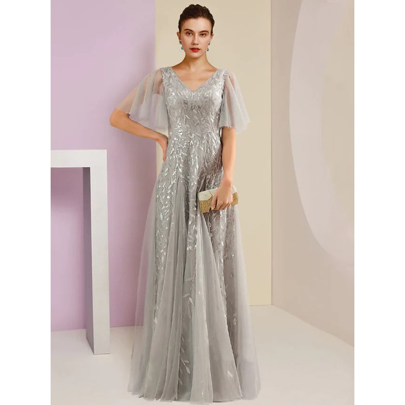 Mother of the Bride Dress Party Sparkle & Shine V Neck Floor Length Lace Tulle Short Sleeve with Pleats Sequin