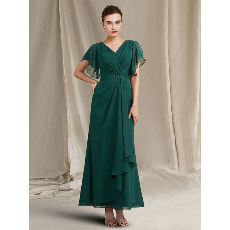 Mother of the Bride Dress Plus Size Elegant Jewel Neck Ankle Length Chiffon Short Sleeve with Crystals Side-Draped