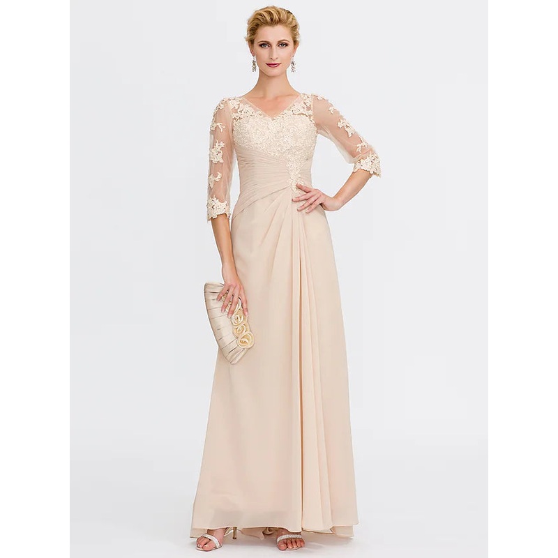 Mother of the Bride Dress Plus Size Elegant See Through V Neck Floor Length Chiffon Half Sleeve with Appliques Side Draping
