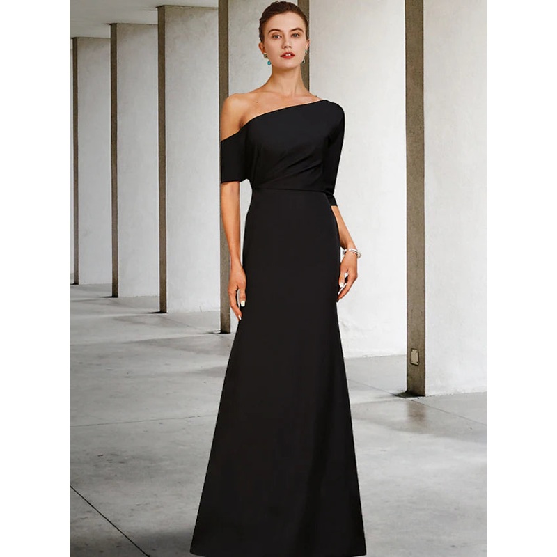 Mother of the Bride Dress Vintage Elegant One Shoulder Floor Length Charmeuse  Length Sleeve with Ruffles Side-Draped