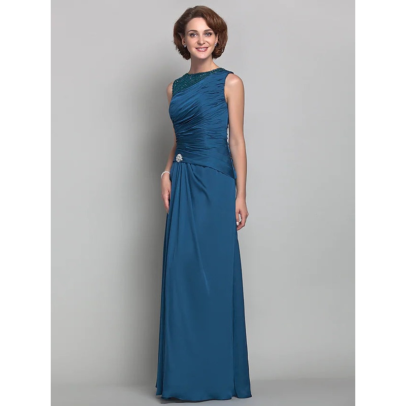 Mother of the Bride Dress Vintage Inspired Jewel Neck Floor Length Satin Chiffon Sleeveless with Beading