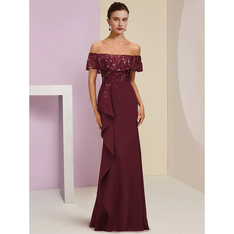 Mother of the Bride Dress Wedding Guest Party Elegant Off Shoulder Floor Length Chiffon Lace Short Sleeve with Sequin Ruffles
