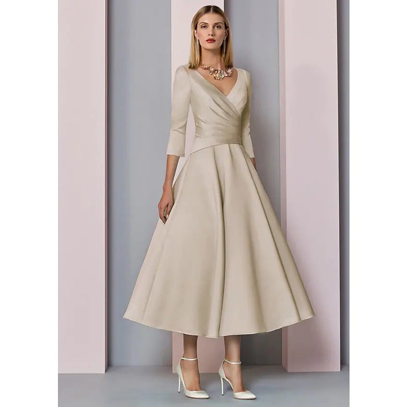 Mother of the Bride Dress Wedding Guest Vintage Plus Size Elegant V Neck Tea Length Satin  Length Sleeve with Pleats