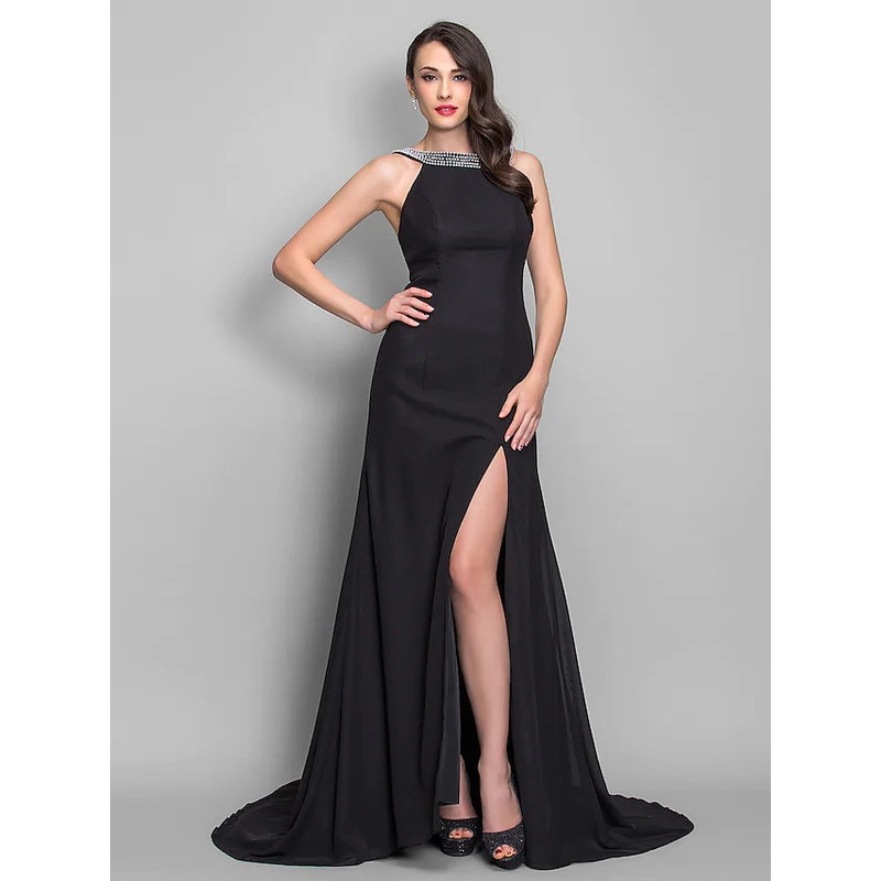 Open Back Dress Formal Evening Sleeveless Scoop Neck Chiffon with Pleats Split Front