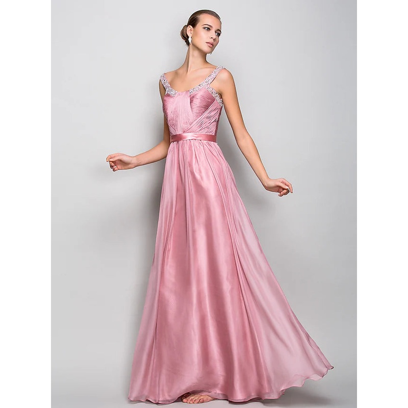 Open Back Dress Prom Floor Length Sleeveless Straps Chiffon with Sash  Ribbon Ruched Beading