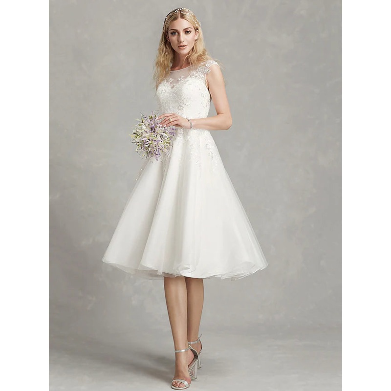 Open Back Little White Dresses Wedding Dresses Tea Length A-Line Cap Sleeve Jewel Neck Lace With Appliques