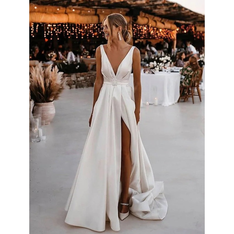 Open Back Wedding Dresses Court  A-Line Sleeveless V Neck Satin With Sashes  Ribbons Sash  Ribbon