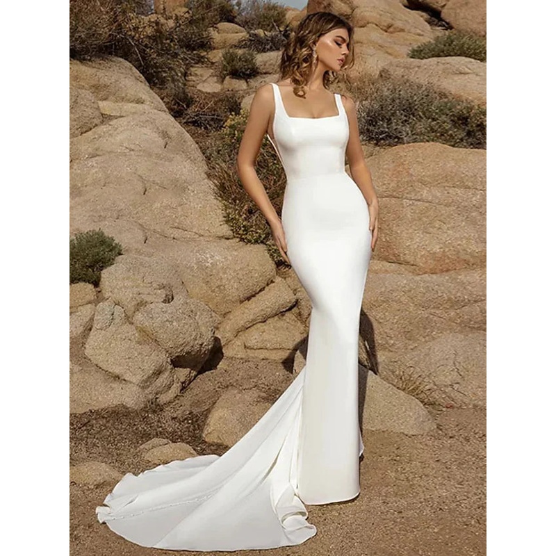 Open Back Wedding Dresses Court  Mermaid Trumpet Sleeveless Square Stretch Fabric With Buttons