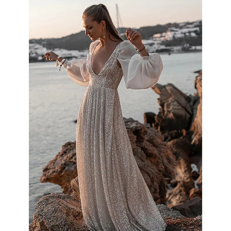 Open Back Wedding Dresses   Long Sleeve V Neck Sequined With Pleats