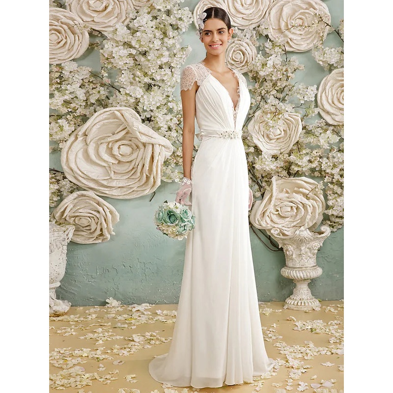 Open Back Wedding Dresses  Sleeve V Neck Chiffon With Crystal Button