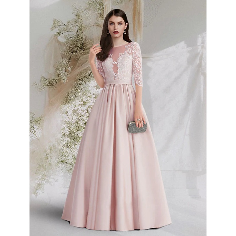 Princess Cute Engagement Prom Dress Jewel Neck Half Sleeve Floor Length Satin with Pleats Lace Insert