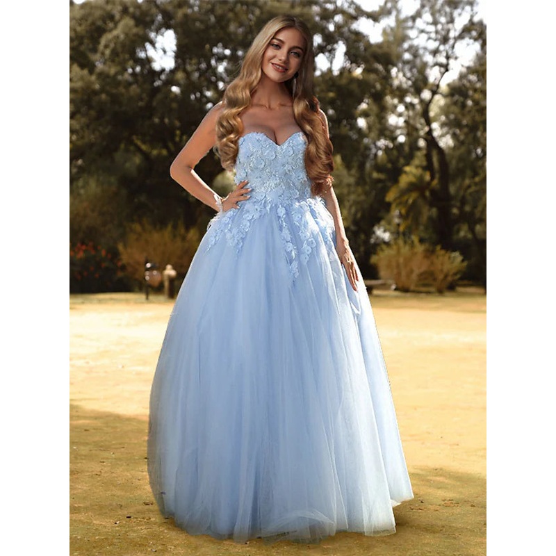Prom Dresses Floral Dress  Floor Length Sleeveless Sweetheart Tulle with Appliques