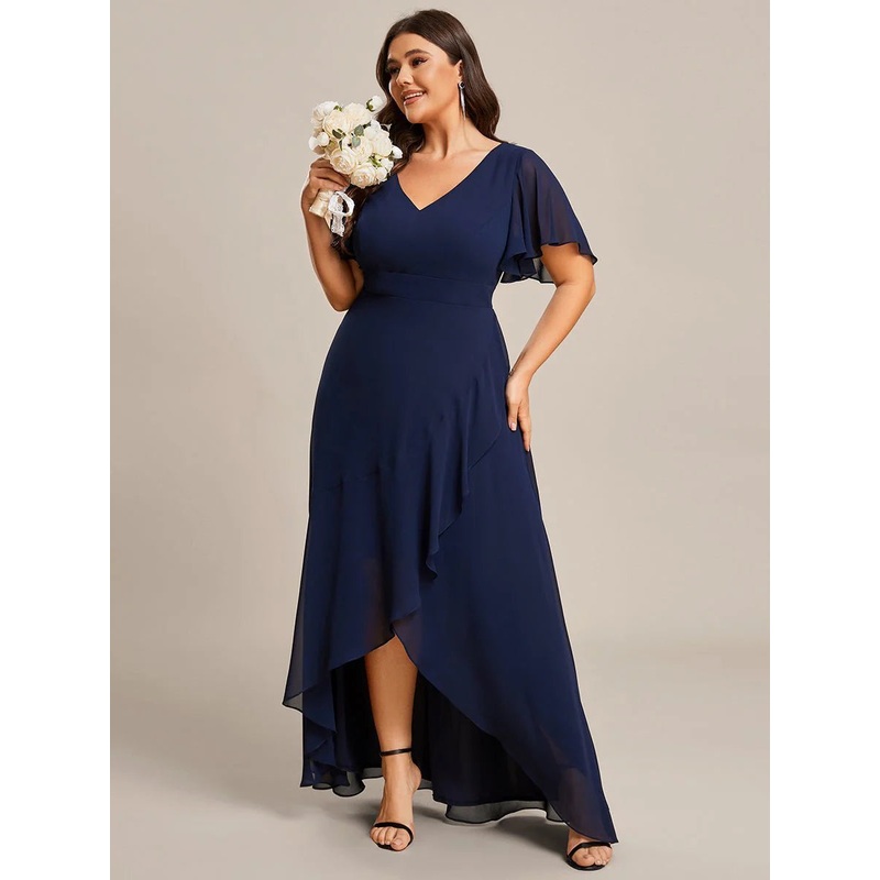 Sleeved hi low bridesmaid dress in navy wide