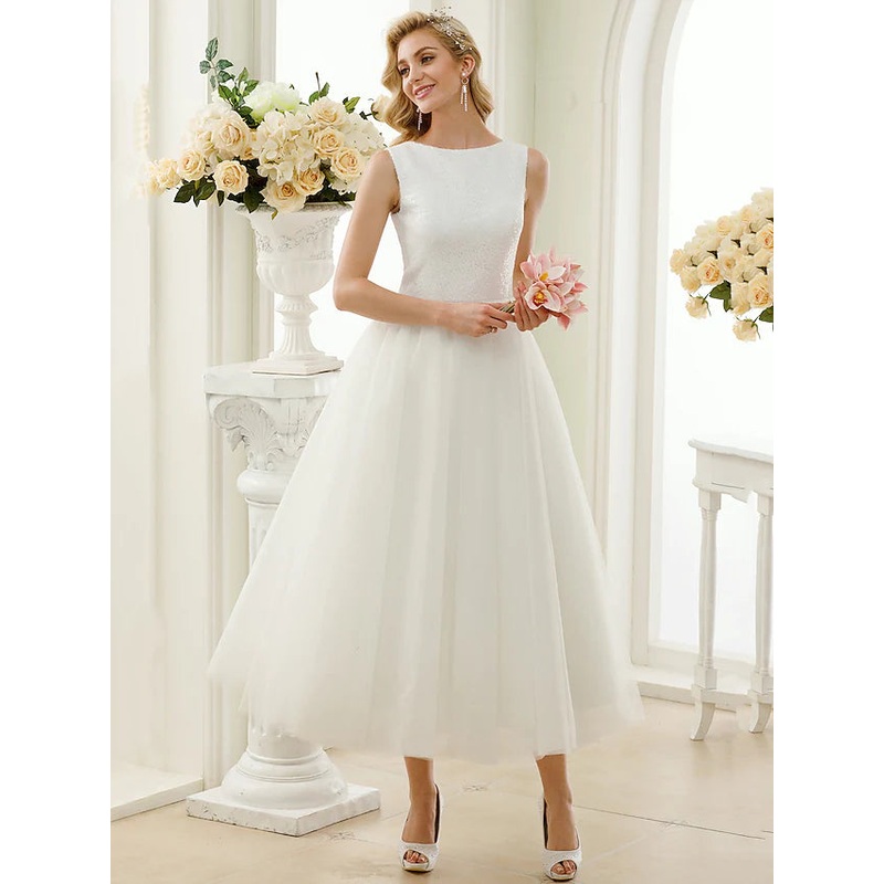 Sparkle & Shine Open Back Wedding Dresses Tea Length A-Line Regular Straps Bateau Neck Tulle With Lace Sequin