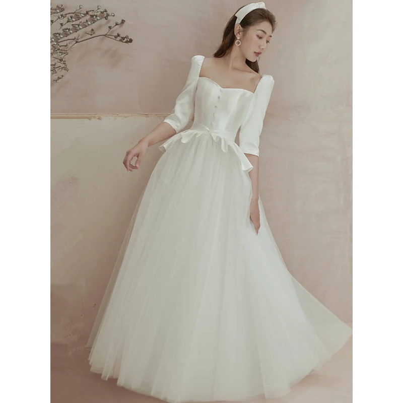 Wedding Dresses Floor Length A-Line  Length Sleeve Square Neck Satin With Pleats Ruffles