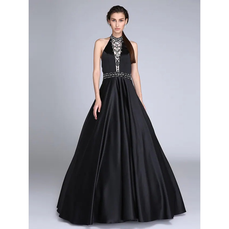 Ball Gown Dress Prom Floor Length Sleeveless Halter Satin with Sash  Ribbon Beading