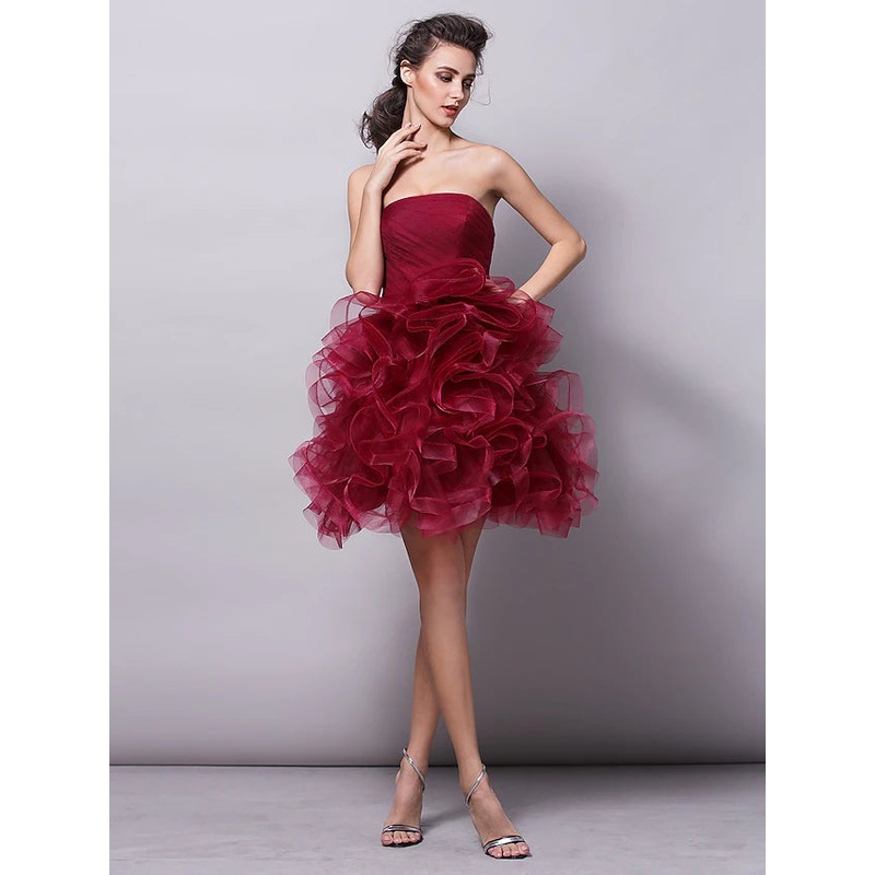 Ball Gown Hot Homecoming Cocktail Party Valentine's Day Dress Strapless Sleeveless Short  Mini Tulle with Ruched Tier