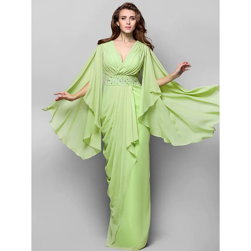 Elegant Dress Wedding Guest Floor Length Long Sleeve V Neck Chiffon V Back with Crystals Side Draping