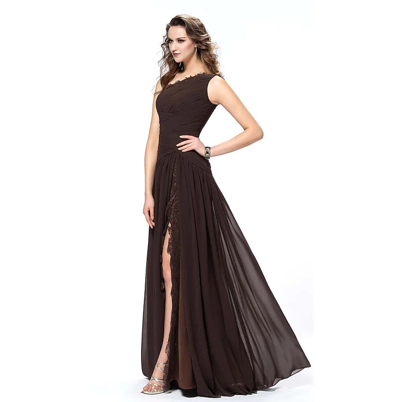 Elegant Sexy Party Wear Formal Evening Dress One Shoulder Backless Sleeveless Floor Length Chiffon with Slit Lace Insert