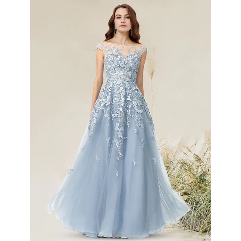Empire Elegant Party Wear Formal Evening Dress Jewel Neck Sleeveless Floor Length Lace with Appliques