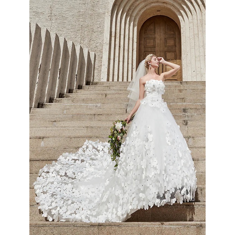 Engagement Open Back Formal Wedding Dresses Court Train Ball Gown Strapless Strapless Tulle With Crystals Flower