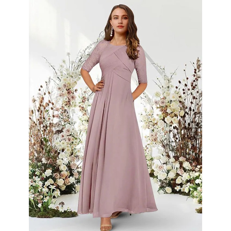 Evening Gown Elegant Dress Wedding Guest Floor Length Half Sleeve Jewel Neck Chiffon with Pleats Ruched
