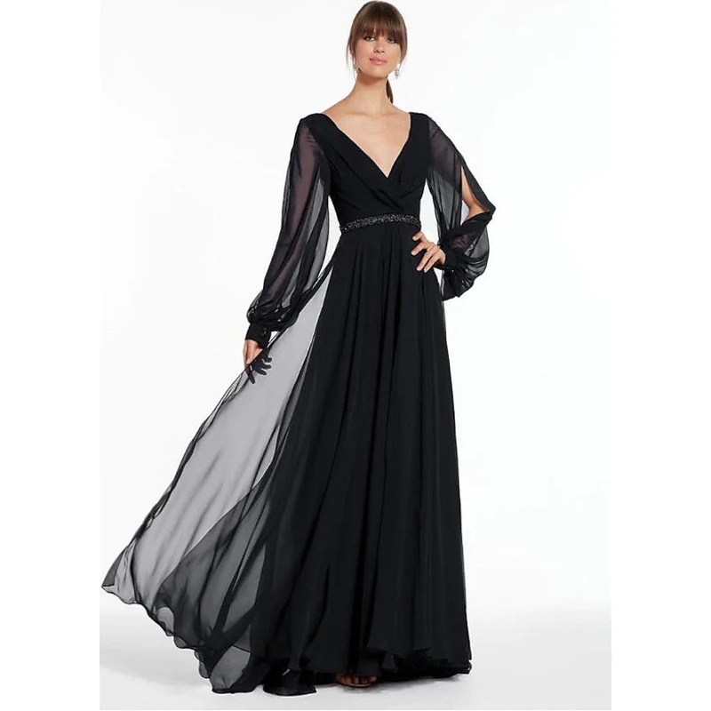 Evening Gown Empire Dress Holiday Floor Length Long Sleeve V Neck Chiffon V Back with Beading
