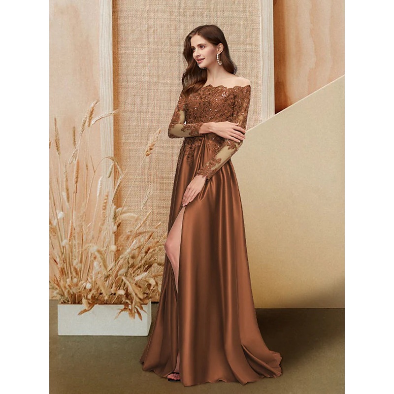 Evening Gown Glittering Dress Engagement Floor Length Long Sleeve Off Shoulder Satin with Sequin Slit Lace Insert