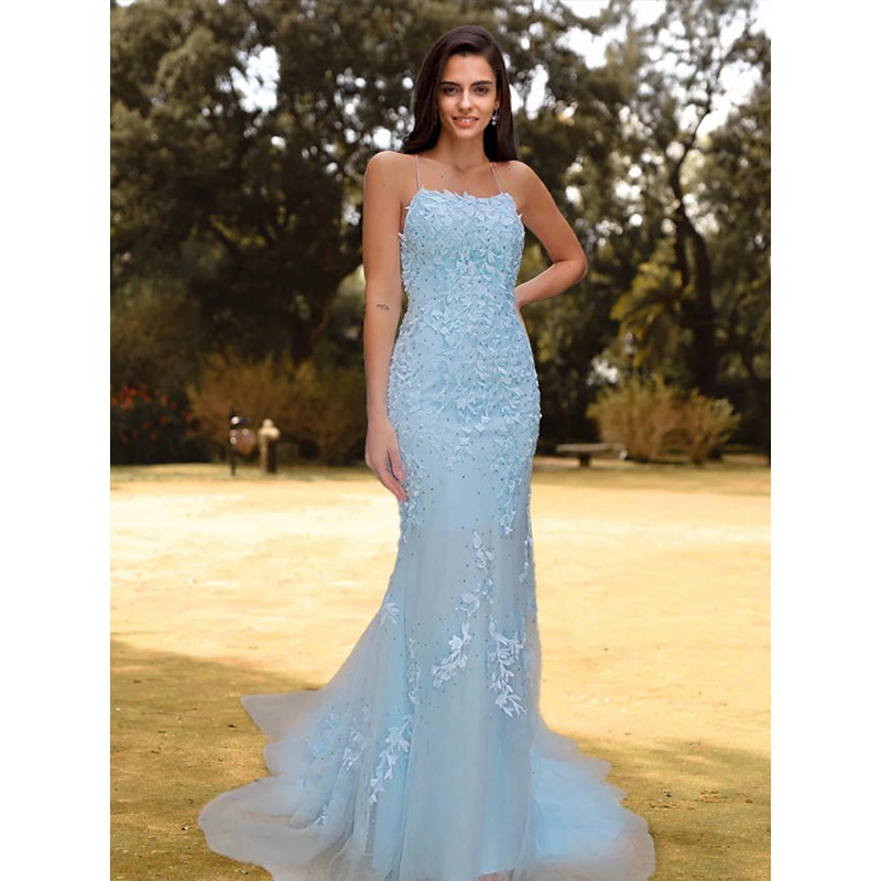 Evening Gown Sexy Dress Engagement   Sleeveless Spaghetti Strap Lace with Appliques Strappy