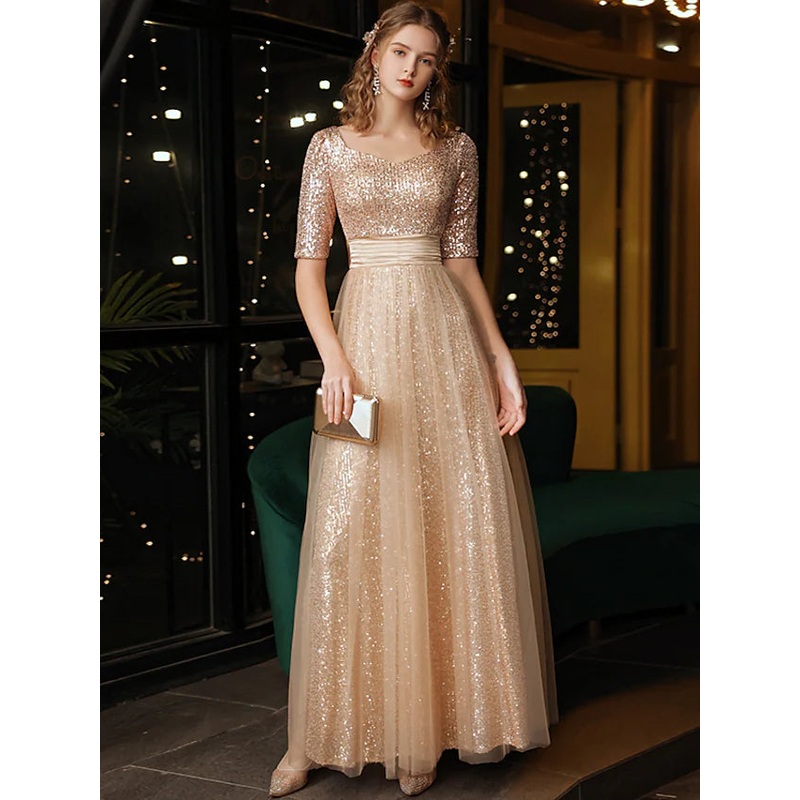 Evening Gown Sparkle Dress Wedding Guest Floor Length Half Sleeve V Neck Sequined with Bow(s) Sequin