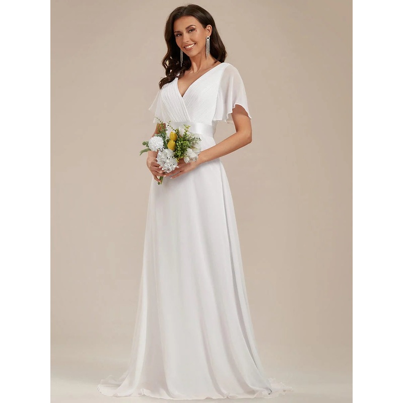 Flutter sleeve white chiffon wedding dress wide