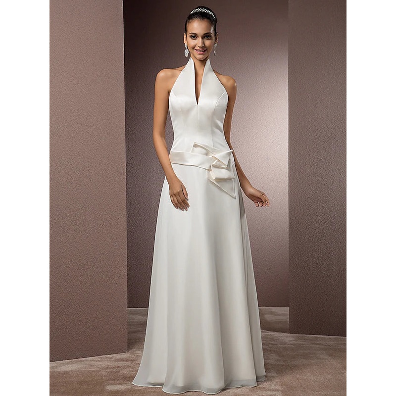 Hall Open Back Wedding Dresses Floor Length  Regular Straps Halter Chiffon With Sash  Ribbon