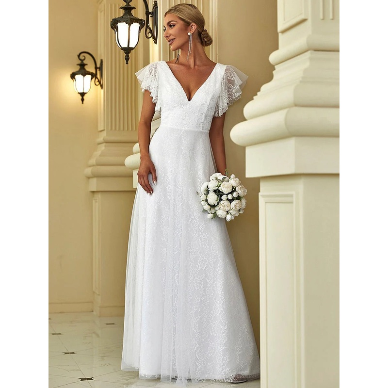 Lace tulle wedding dress with flutter sleeves in Ivory wide