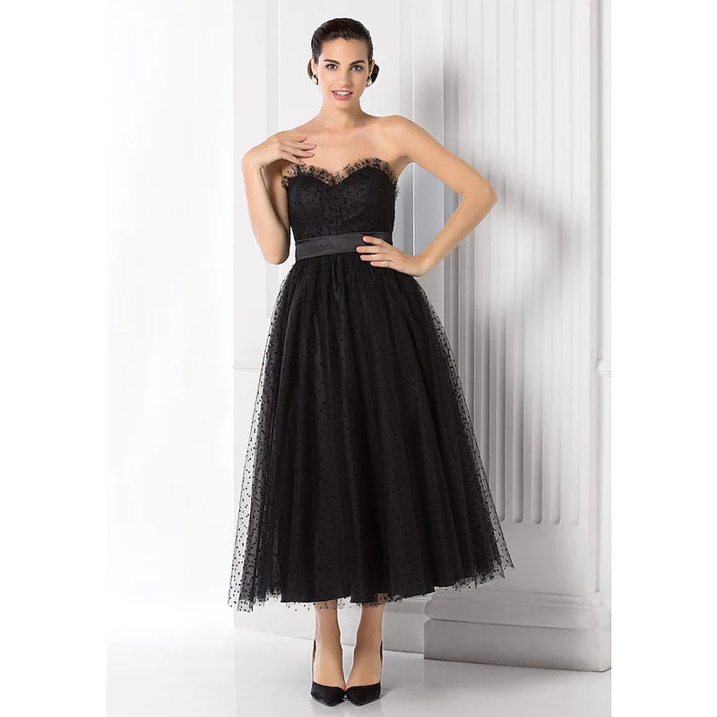 Little Black Dress Dress Holiday Tea Length Sleeveless Sweetheart Tulle with Sash  Ribbon