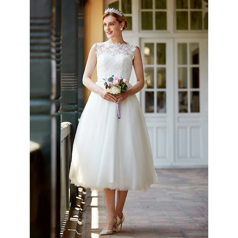 Little White Dresses Wedding Dresses Tea Length A-Line Regular Straps Bateau Neck Lace Over Tulle With Sashes Ribbons Buttons