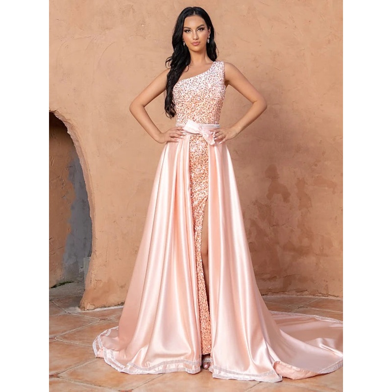 Mermaid  Trumpet Cocktail Dresses Sexy Dress Wedding Party Court Train Sleeveless One Shoulder Sequined with Sequin Overskirt