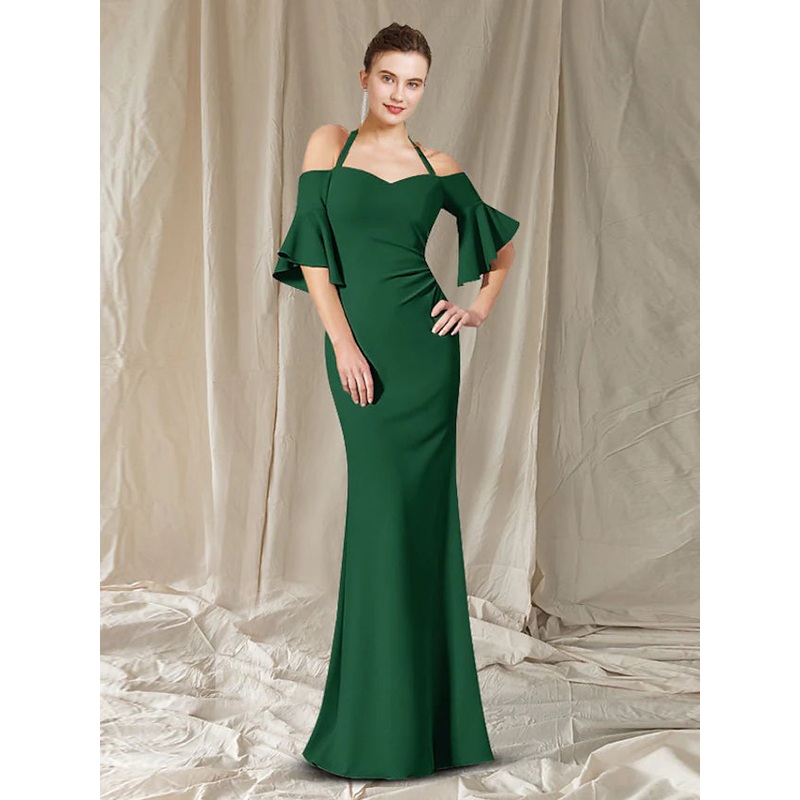 Mother of the Bride Dress Elegant Off Shoulder Floor Length Chiffon Half Sleeve with Pleats Ruched