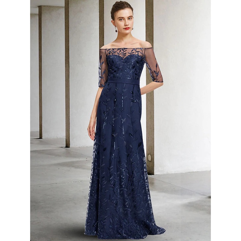 Mother of the Bride Dress Elegant Sparkle & Shine Off Shoulder Floor Length Lace Tulle Half Sleeve with Sequin Appliques