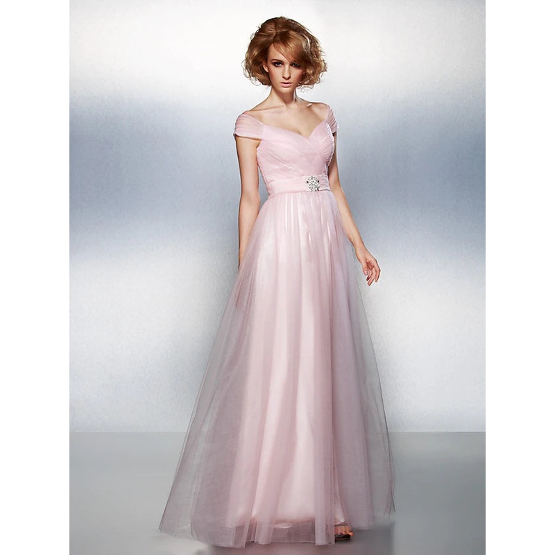 Open Back Dress Prom Floor Length Short Sleeve Off Shoulder Tulle with Sash  Ribbon Criss Cross Ruched