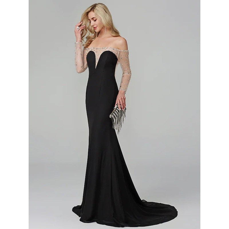 See Through Dress Holiday Floor Length Long Sleeve Off Shoulder Chiffon with Beading
