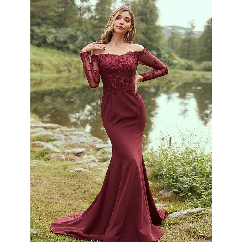 Sheath/Column Stretch Crepe Applique Off-the-Shoulder Long Sleeves Sweep/Brush Train Bridesmaid Dresses