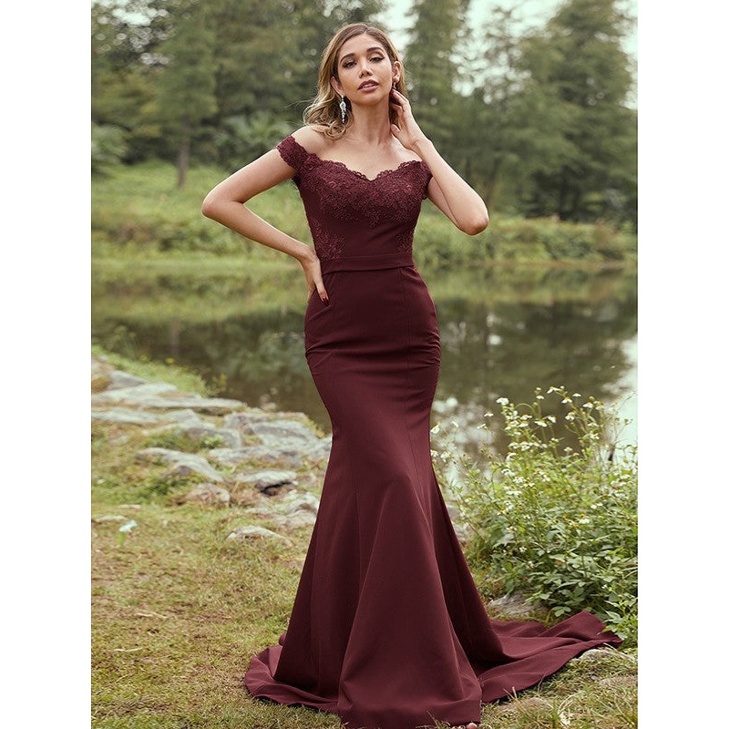 Sheath/Column Stretch Crepe Applique Off-the-Shoulder Sleeveless Sweep/Brush Train Bridesmaid Dresses