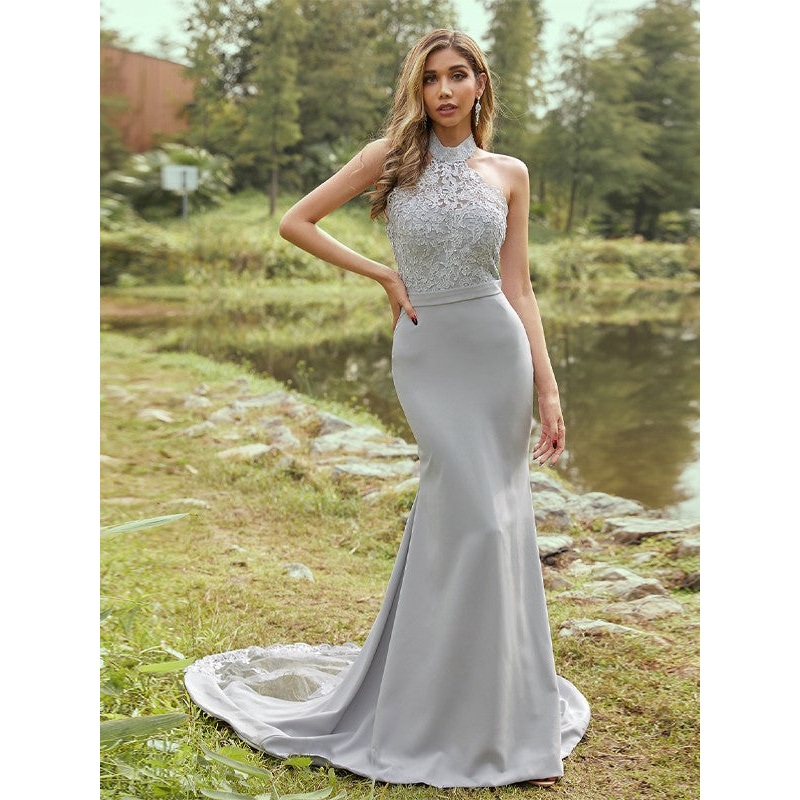 Sheath/Column Stretch Crepe Lace Halter Sleeveless Sweep/Brush Train Bridesmaid Dresses