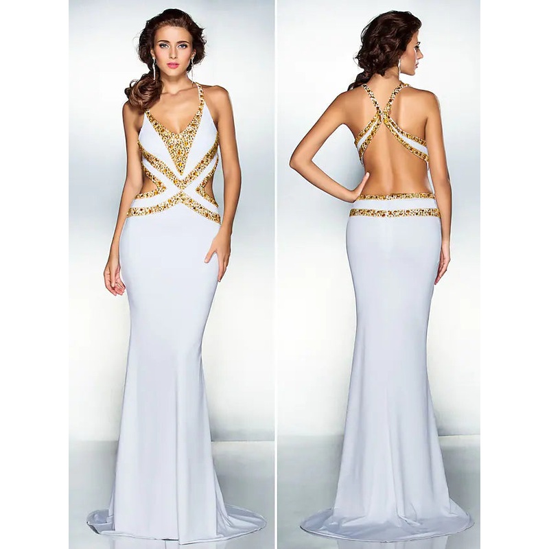 Sparkle Dress Wedding Guest  Sleeveless V Neck Jersey Crisscross Back with Crystals