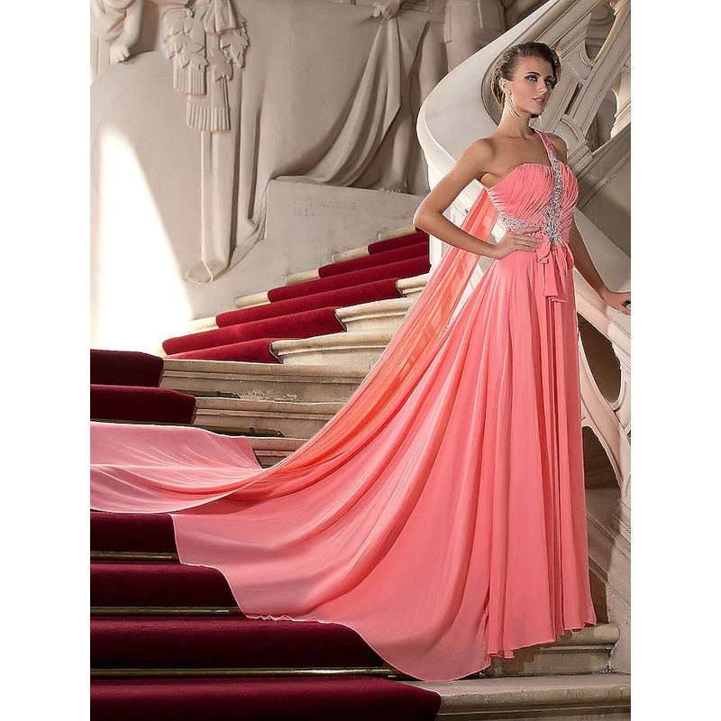 A-Line Elegant Dress Wedding Guest Court Train Sleeveless One Shoulder Chiffon with Crystals Draping
