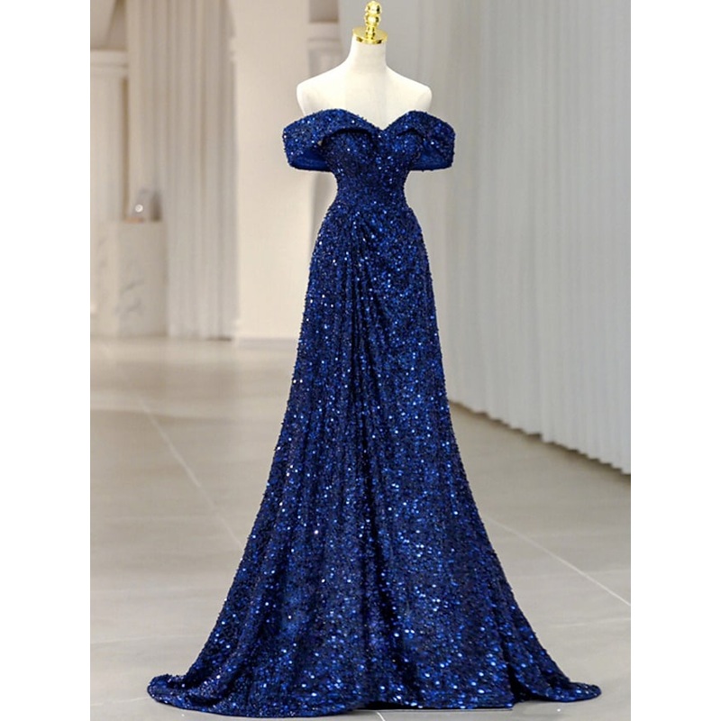 A-Line Evening Gown Elegant Dress Formal  Sleeveless Off Shoulder Sequined with Glitter Sequin